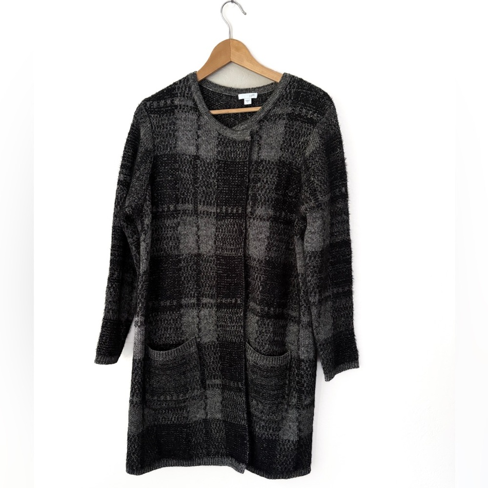 J.Jill Windowpane Plaid Wrap Snap Front Cardigan Sweater  Black Grey Size L